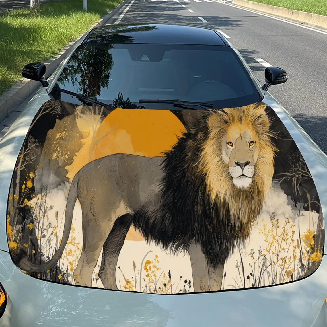

Creative Sunset Lion Car Vinyl Wrap, PVC Waterproof Car Hood Sticker, Self-Adhesive Scratch-Resistant Stickers for Engine Cover,