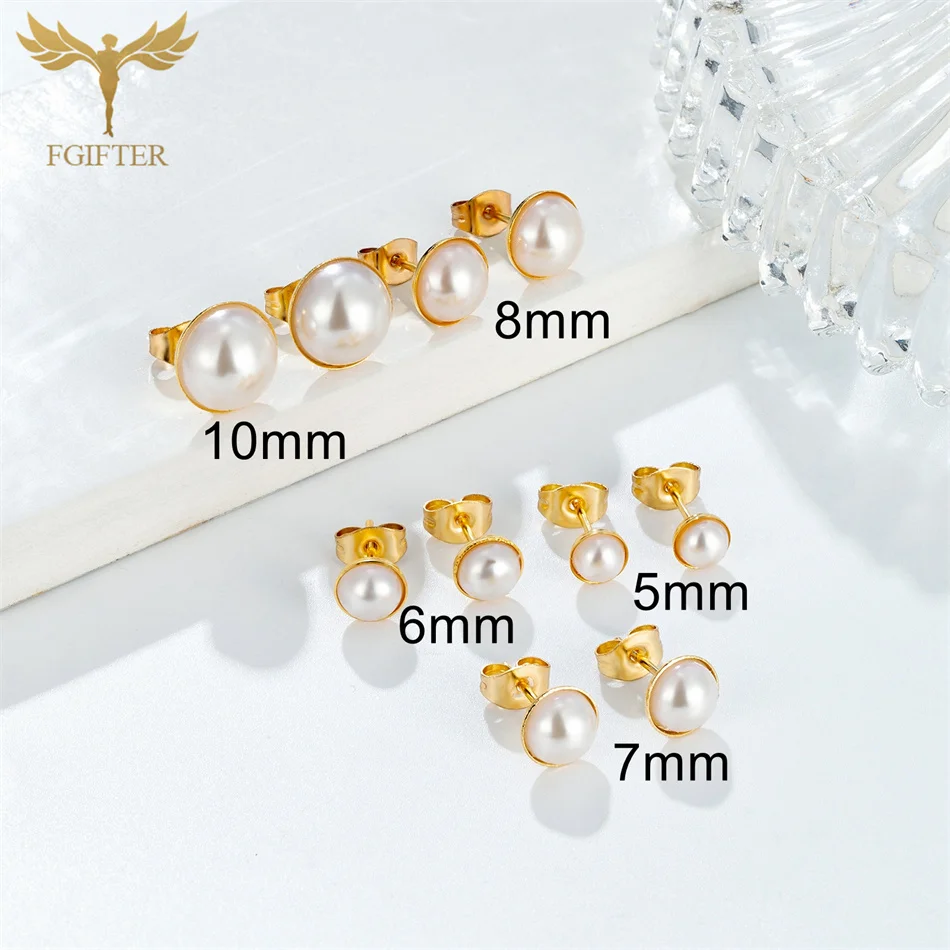 12 Pairs Pack Golden Stainless Steel Stud Earings for Women 5-10mm Half Artificial Pearl Earrings Set piercing acier inoxydable