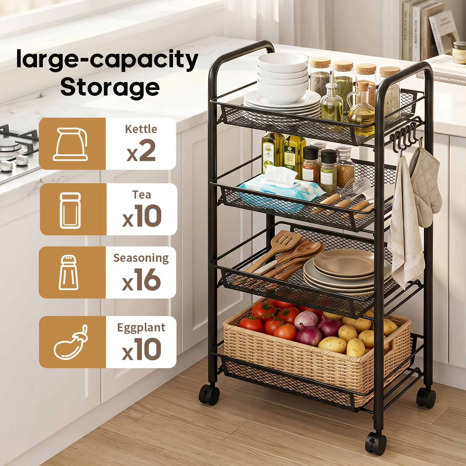 3/4/5Tier Mesh Wire Rolling Cart, Kitchen Storage Organizer Utility Cart Full Metal Basket Storage Art Trolley Carts With Wheels