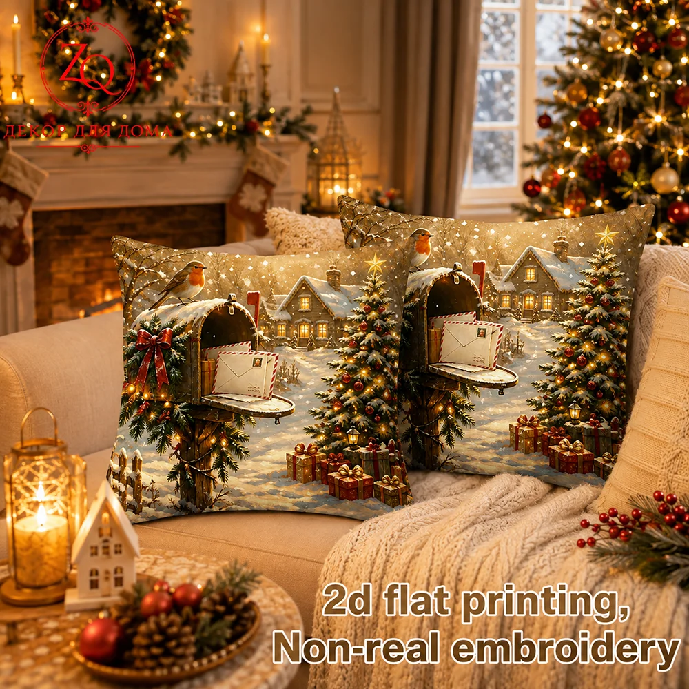 Christmas Winter Village Mailbox Robin Throw Pillow Covers Velvet Decorative Cushion Cases Christmas Party Home Decor