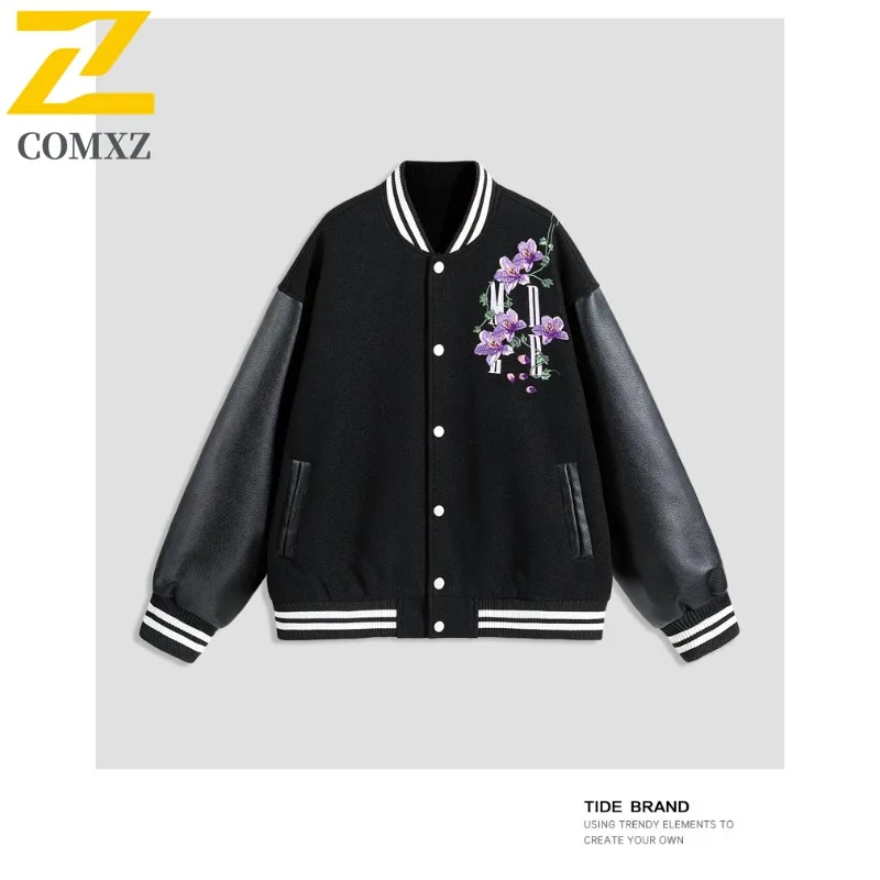 COMXZ Autumn Mens Baseball Jacket Casual Solid Color Printed Embroidery Windproof Coat Outdoor Streetwear Trendy Windbreaker