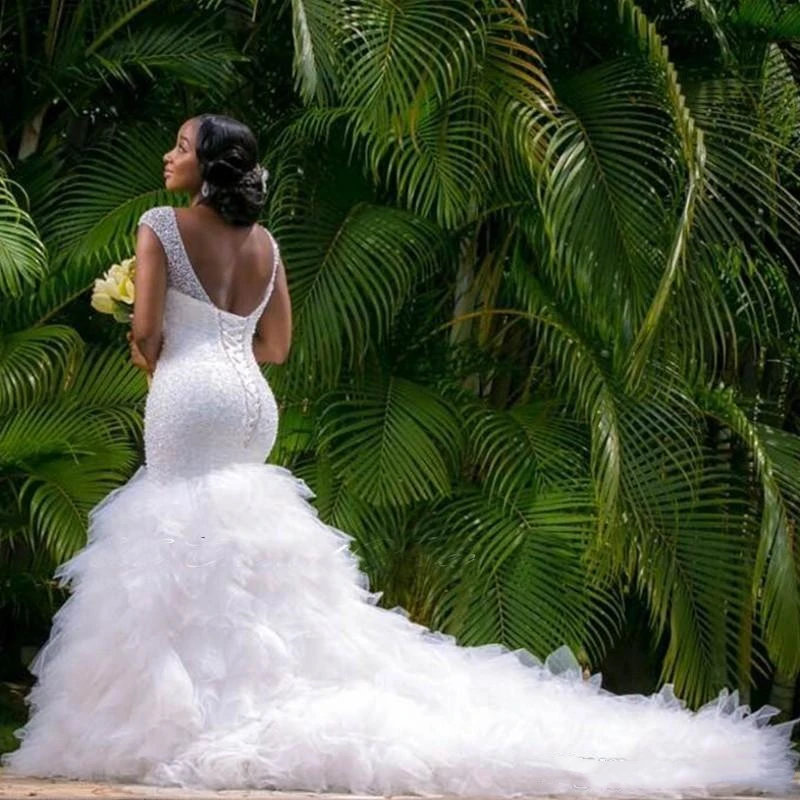 Vestido de novia de sirena de tul escalonado, lentejuelas con cuentas, sin mangas, cuello en V, Espalda descubierta, vestidos de novia africanos largos, fabricación personalizada