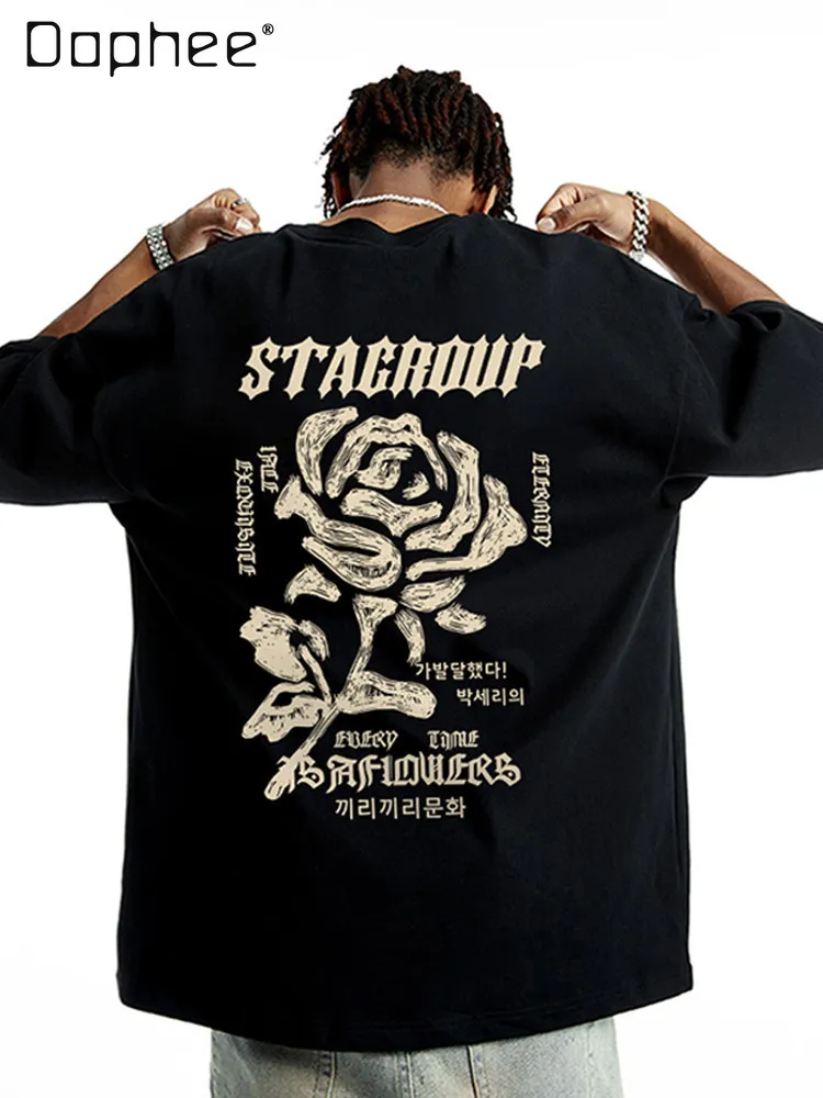 Men Vintage Dark Blue Sketch Rose Print Round Neck T-shirt Gothic Letter Korean Text Graphic Loose Short Sleeve Streetwear Tee