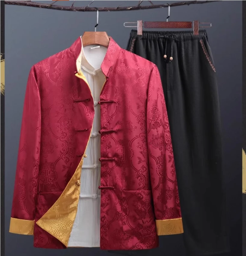 

Retro Tang style men's long sleeved spring and autumn high-end double-sided outerwear, middle-aged and elderly dad's casual suit