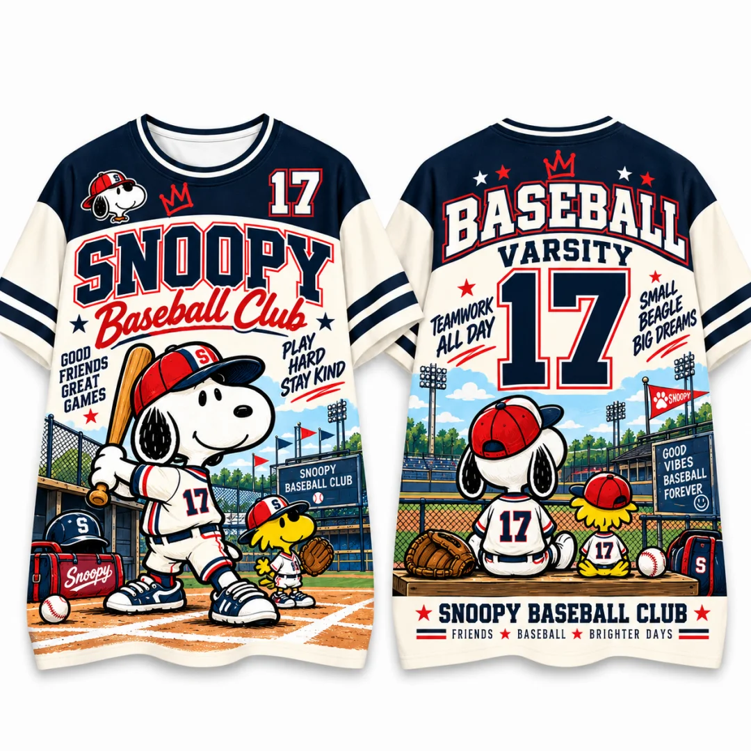 Snoopy Baseball Team Graphic T Shirt Men Women Kids Vintage Varsity Jersey Short Sleeve Tee Cartoon Peanuts Sports T-shirt