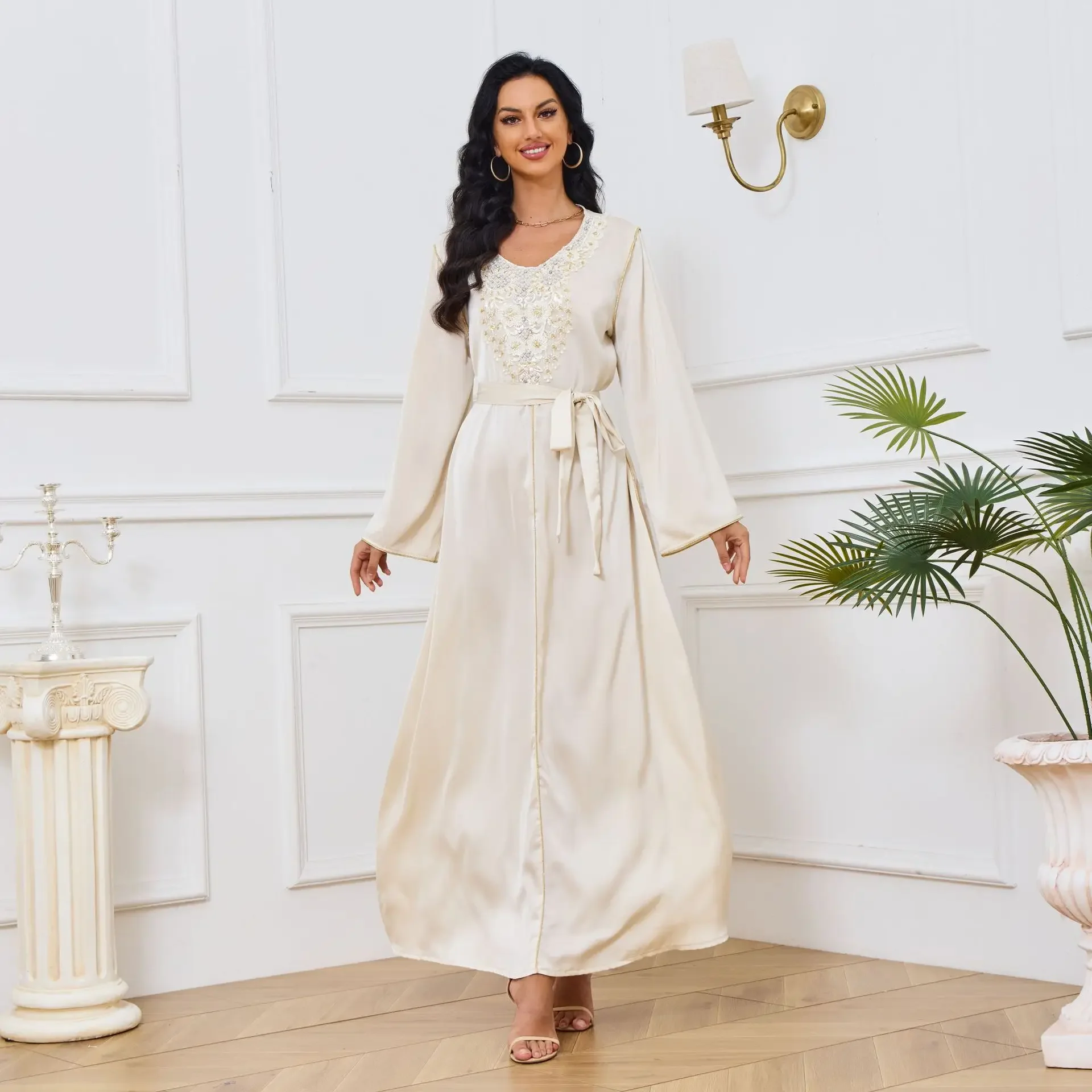 Women Eid Muslim Dresses Dubai Arab Kaftan Islam Gorgeous Party Dress Morocco Vestidos Loose Graceful Belt Pearls Ruffles