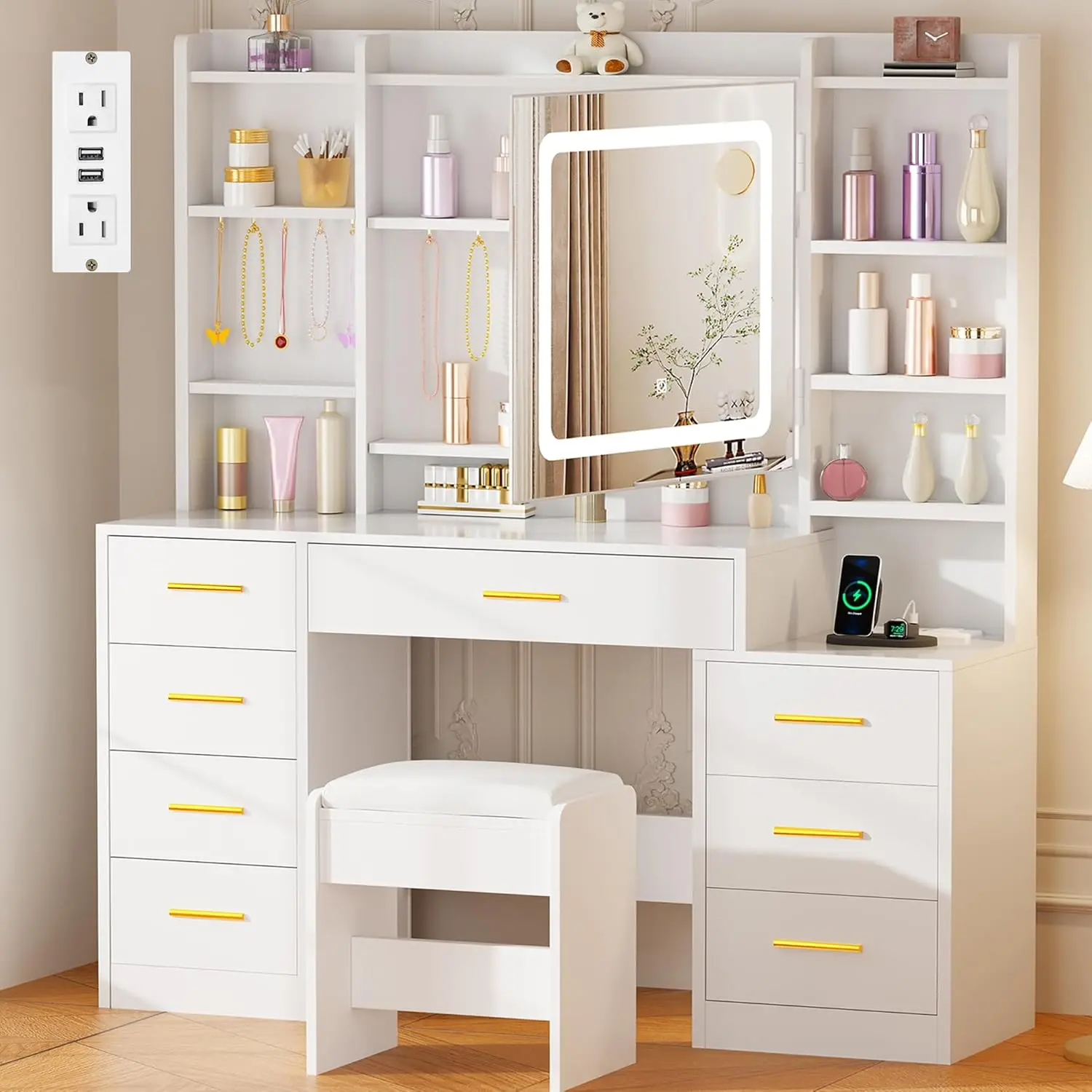 Large Vanity Desk with Mirror and Lights,White Makeup Vanity Table with Power Outlet,Makeup Desk with 8 Drawers,7, Customized
