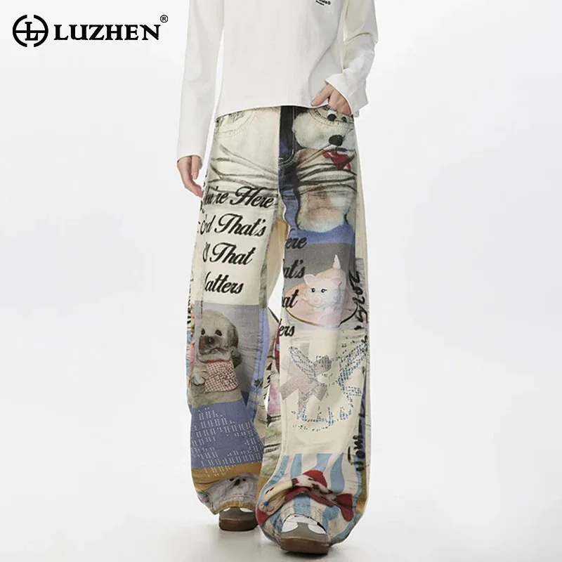 LUZHEN Fashion Cute Cartoon Pattern Printed Straight Casual Denim Pants Men's 2025 New Loose Original Wide Leg Trousers JY3106