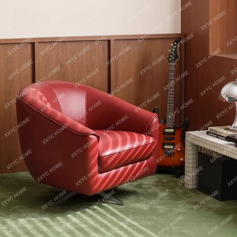 LDegree Rotatable Full Genuine Leather Stainless Steel Single Sofa Lounge Chair