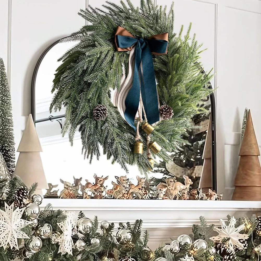 Green Handmade Bow Bell Garland 45CM Rustic Christmas Wreath For Holiday Door Wall Party Home Seasonal Decoration Ornaments