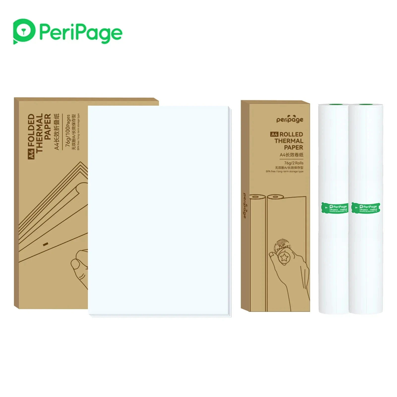 PeriPage-Mini impresoras A4 de secado rápido, almacenamiento de larga duración, Papel térmico continuo, 100 hojas, Papel térmico plegado