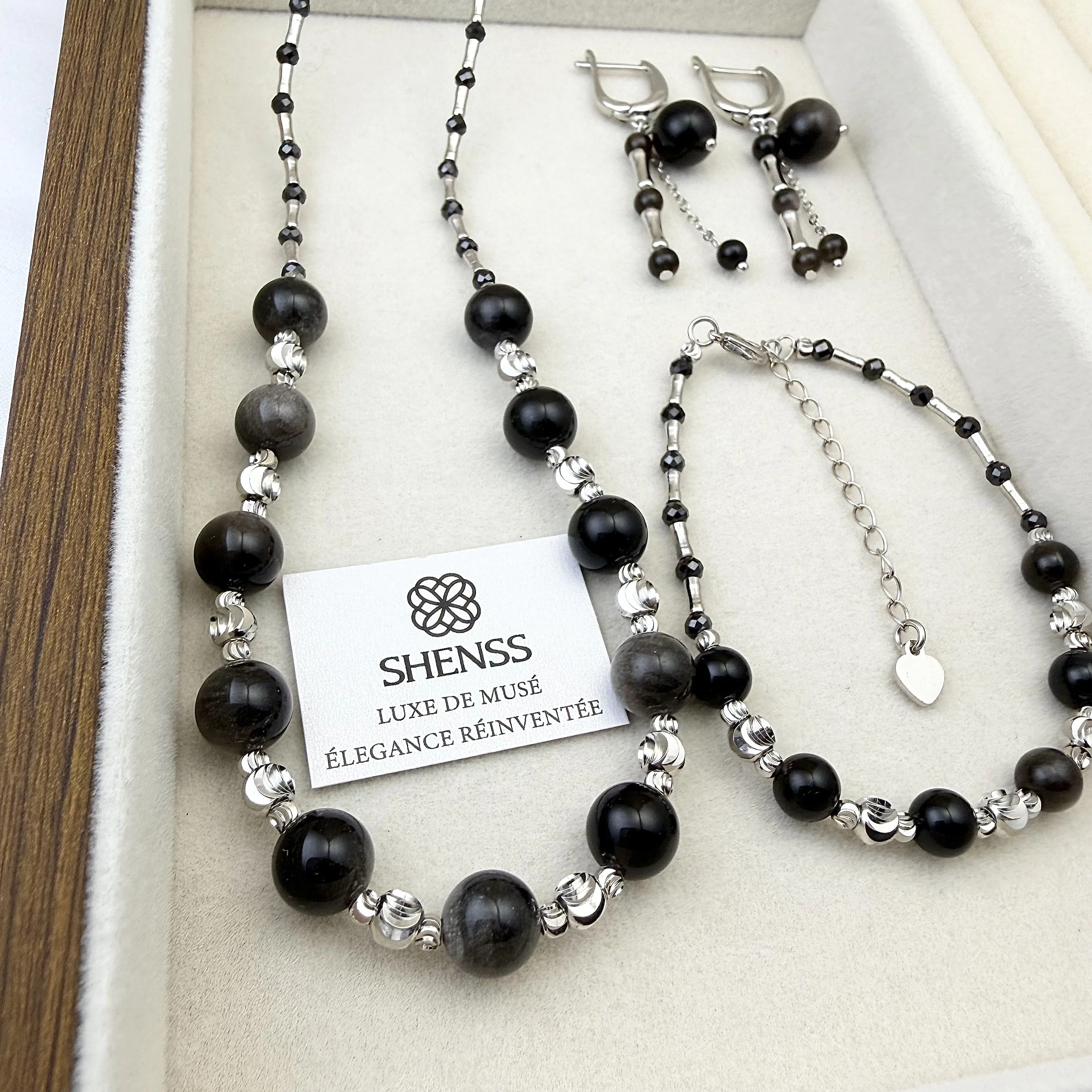 

Natural Black Obsidian Jewelry Set | Edgy Luxury Necklace, Bracelet & Earrings | Black-Silver Contrast Gift for Her