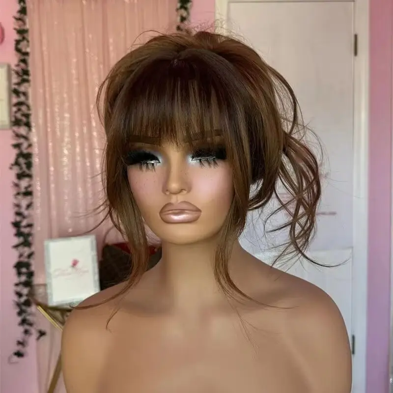 

Elastic Chestnut Brown Synthetic Lace Front Wig Realistic Look Wig Female Preplucked Hairline Trendy Body Wave Wigs With Bangs