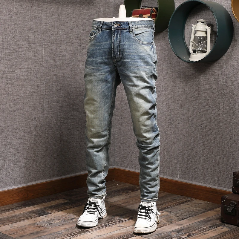 Fashion Designer Men Jeans High Quality Retro Blue Elastic Slim Fit Ripped Jeans Men European Vintage Casual Denim Pants Hombre