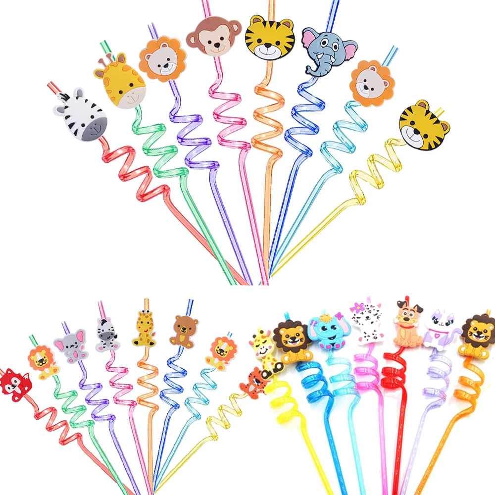 8/16/24/32/40pcs 27cm Jungle Animals Straw Reusable Kids Birthday Party Decor Supplies Wildlife Plastic Spiral Drinking Straws