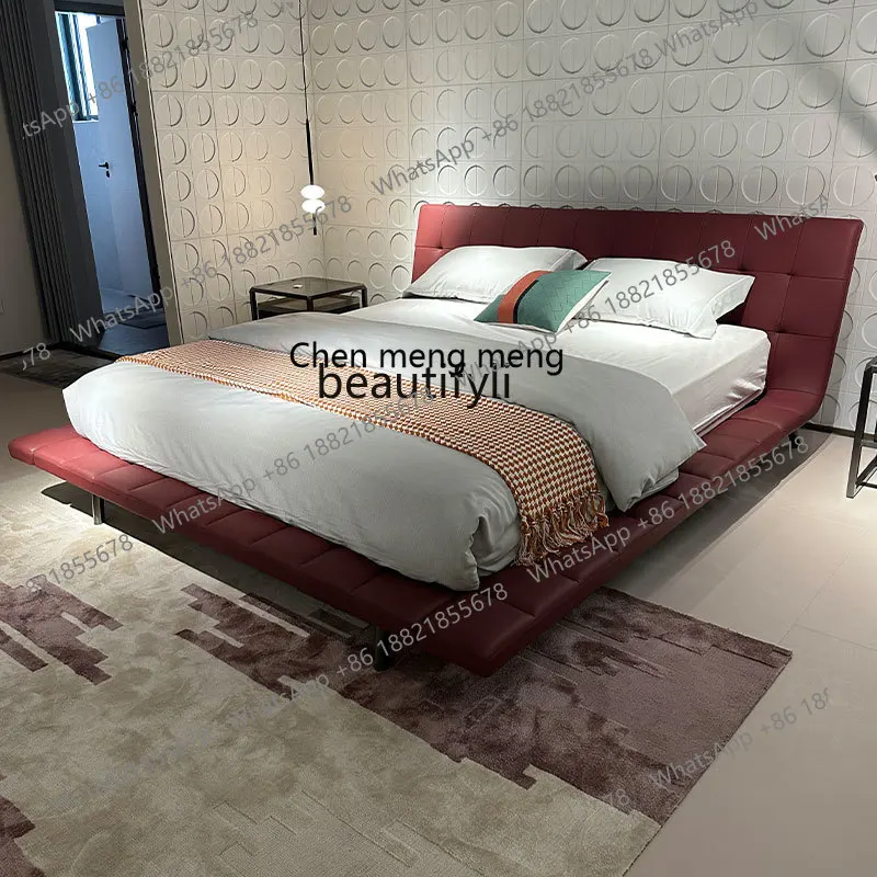 Double Seat 1.8 M Leather Bed Italian Minimalist High Leg Bed Big Brand Designer Villa New Bed