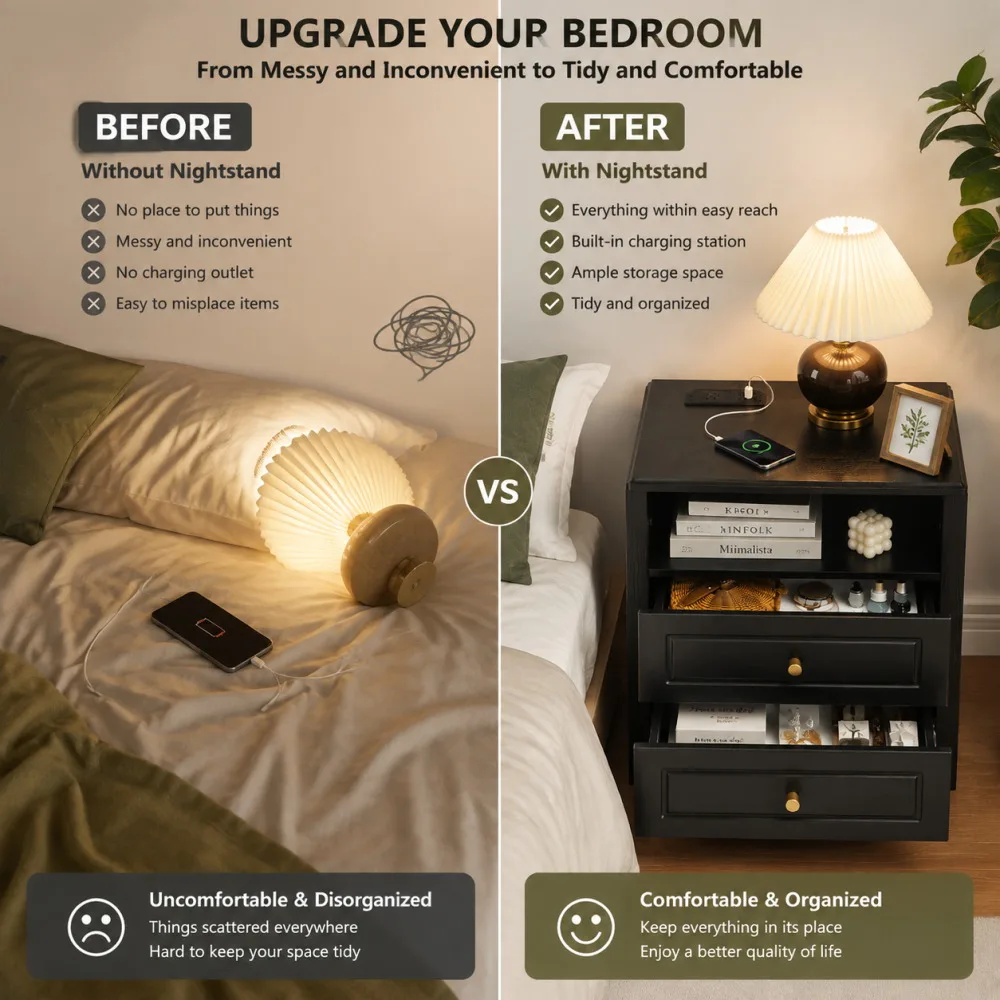 Nightstand with Charging Station 2 Drawers and Open Shelf Modern Bedside Table End Table with USB Type C Port AC Outlet Farmhouse Storage Cabinet for Bedroom Living Room Dorm Black
