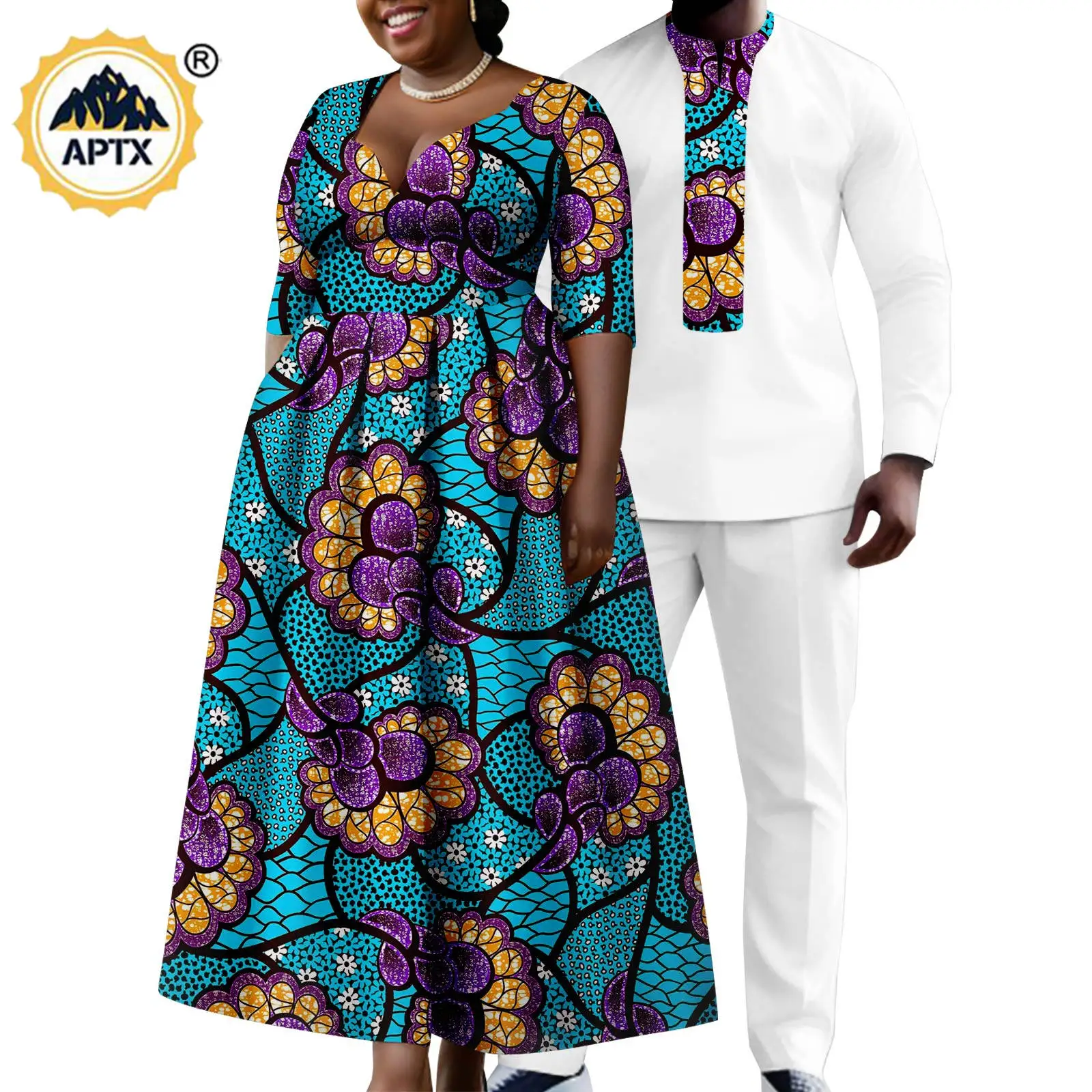 African Print Long Dresses for Women Matching Couple Outfits Dashiki Men Top Shirt and Pant Sets Y23C106