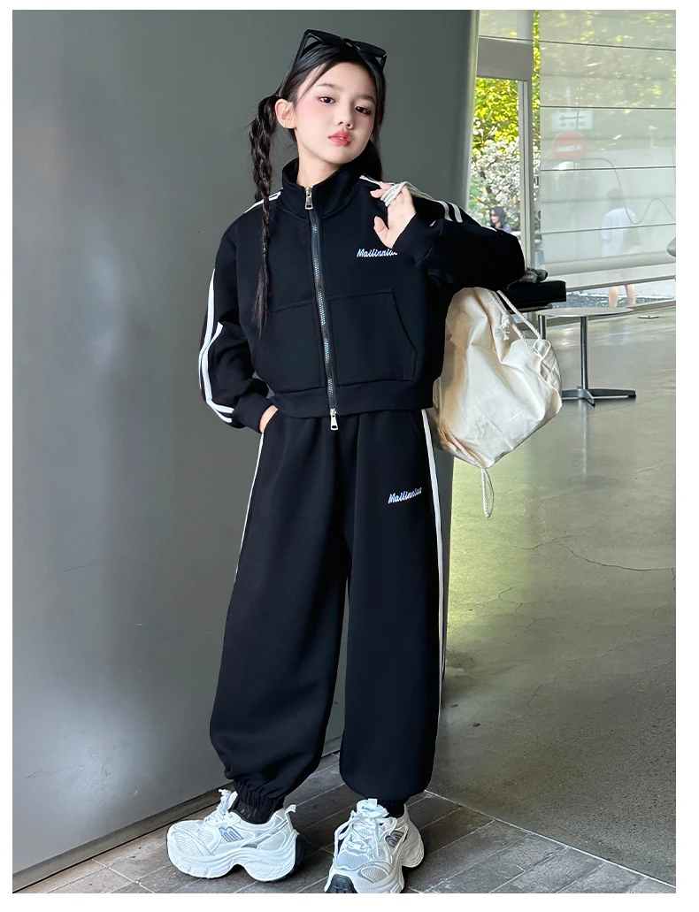 Sportbekleidung für Mädchen: Frühling-Herbst Kurze Jacke und Jogginghose Zweiteiliges Set, Coole Streetwear 2026, Kinderkleidung Casual – Detail 2