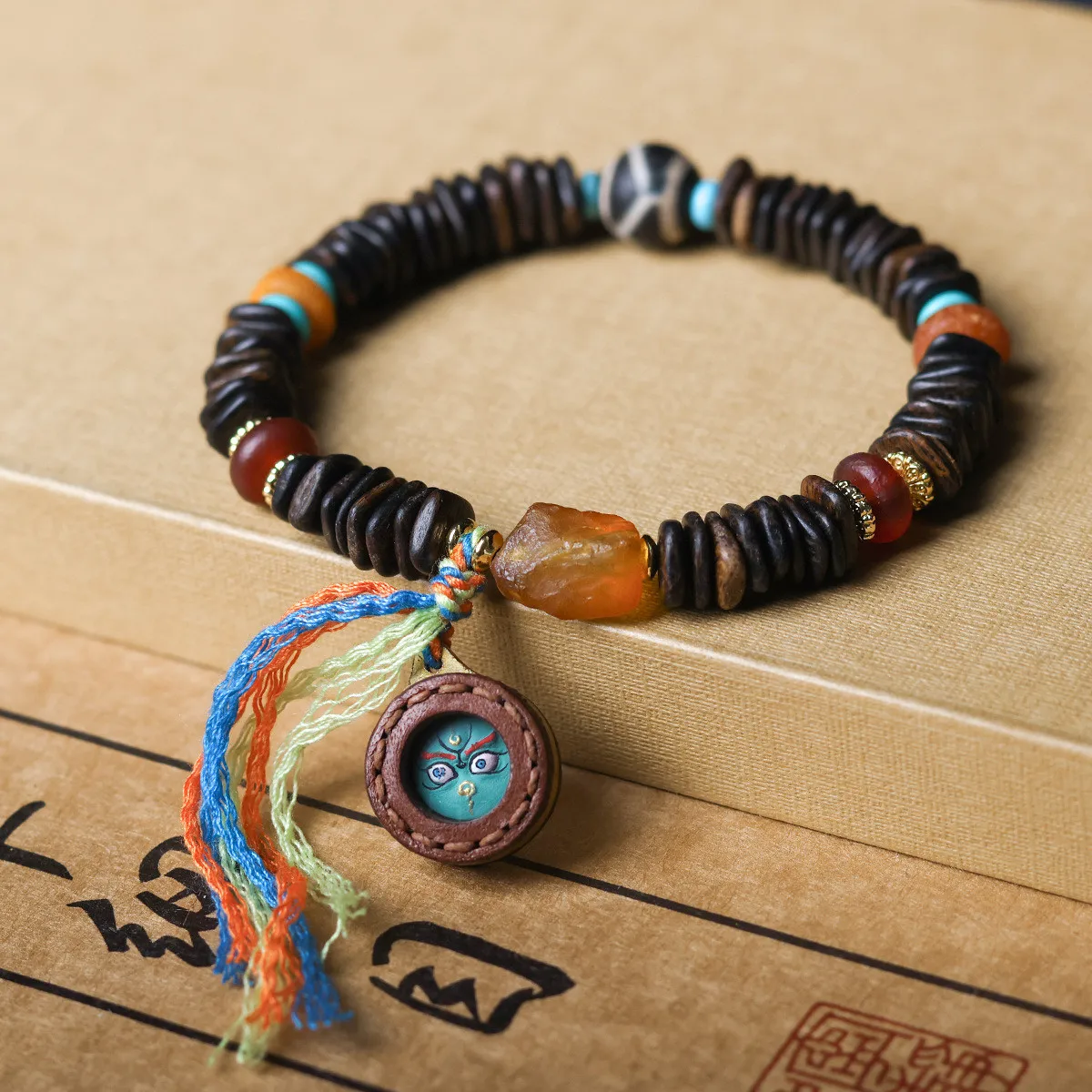 Chinese Style 10mm Agarwood Beaded Bracelet For Women Hand Painted Five Fortune God Thangka Leather Spacer Lucky Blessing Wealth