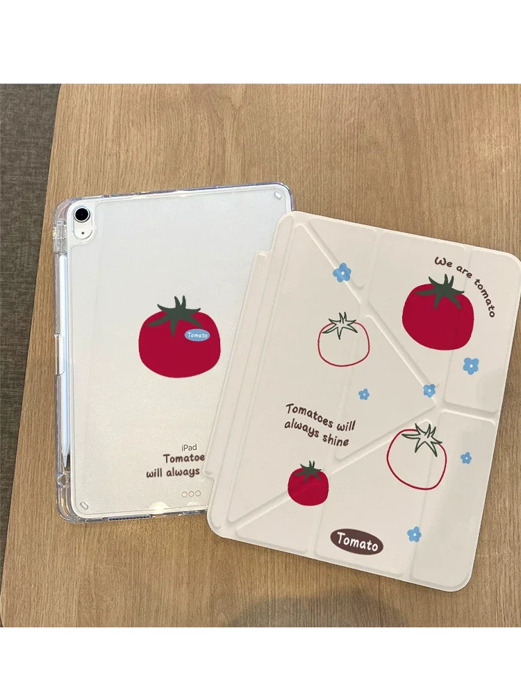 Kawaii Cute Lines Red Tomatoes English For iPad Cover Pro Air M5 M4 M3 M2 2 1 11th A16 12.9