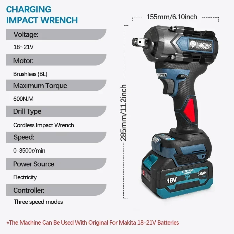 Llave de impacto inalámbrica de diosa eléctrica 600N · M, llave eléctrica doméstica sin escobillas de 3500RPM para batería de litio Makita de 18V