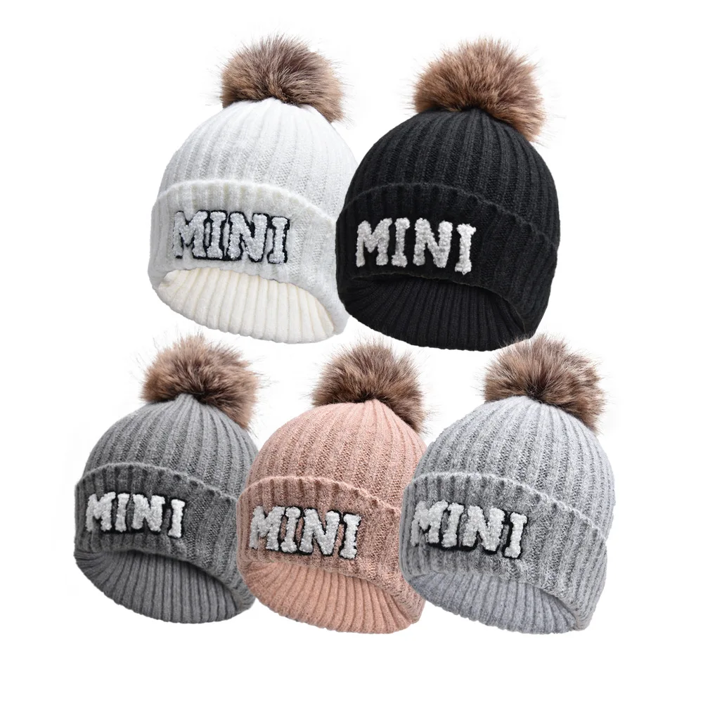 Alphabet Hat Parent Child Cap Hairball Wool Hat Outdoor Warm Knit Kid Baby Beanies Cute Daughter Mother Son Boy Girl