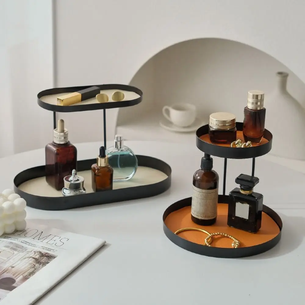 Iron Cosmetics Storage Rack with Leather Cushion Simple Desktop Tray Double-layer Creative Jewelry Display Plate Dresser