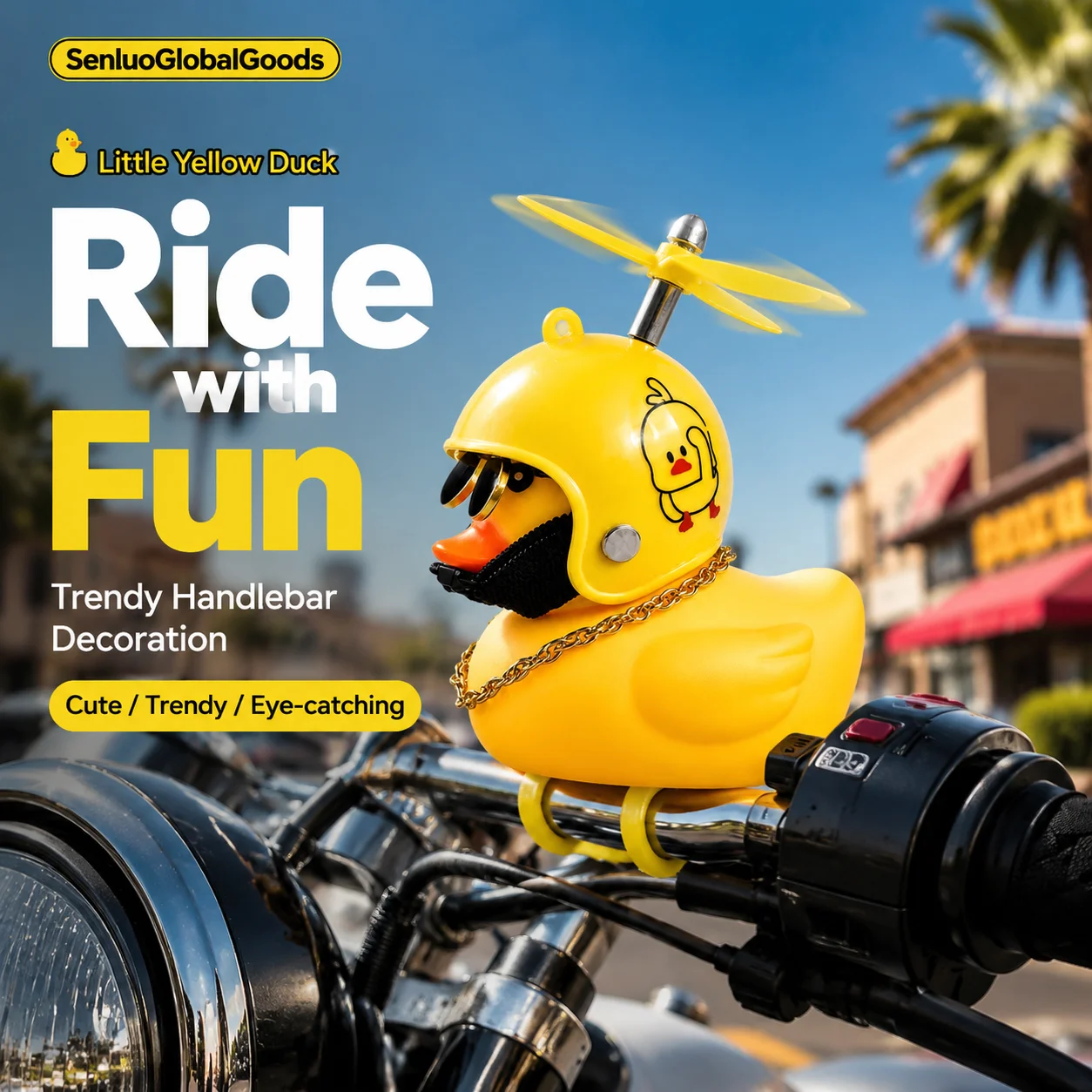 Cute Little Yellow Duck Car Pendant with Helmet Propeller Wind-breaking Wave-breaking for Bike Motorcycle Auto A