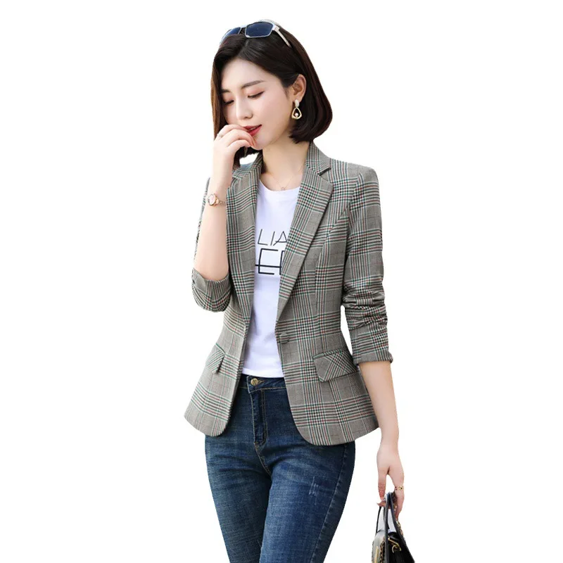 Gray Striped Plaid Blazer Jacket Women\'s Fashion Slim Coats V-Neck Single Button Ladies Blazers S-XXXXXL