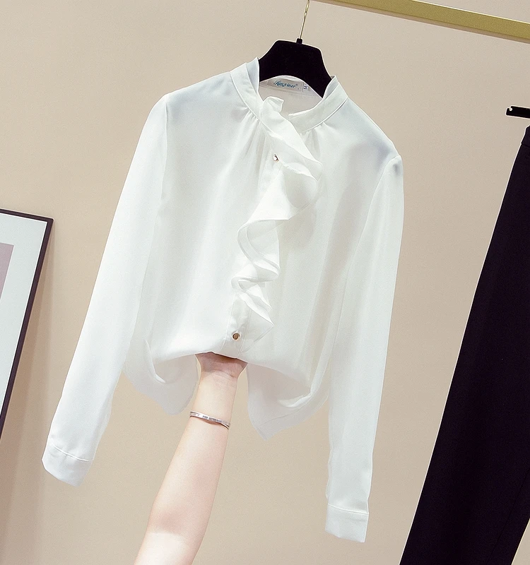 

Women's Long Sve Standing Collar irt Ele Lady Commute Sle Pure Color Slim Fit irt Button Plaet Polyester Fabric