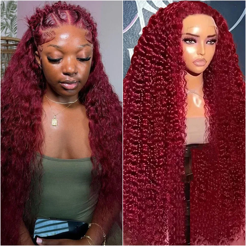 

Burgundy 200 Density Deep Wave 13x6 Hd Lace Frontal Wig 99j Colored Curly Water Wave 13x4 Lace Front Human Hair Wigs For Women