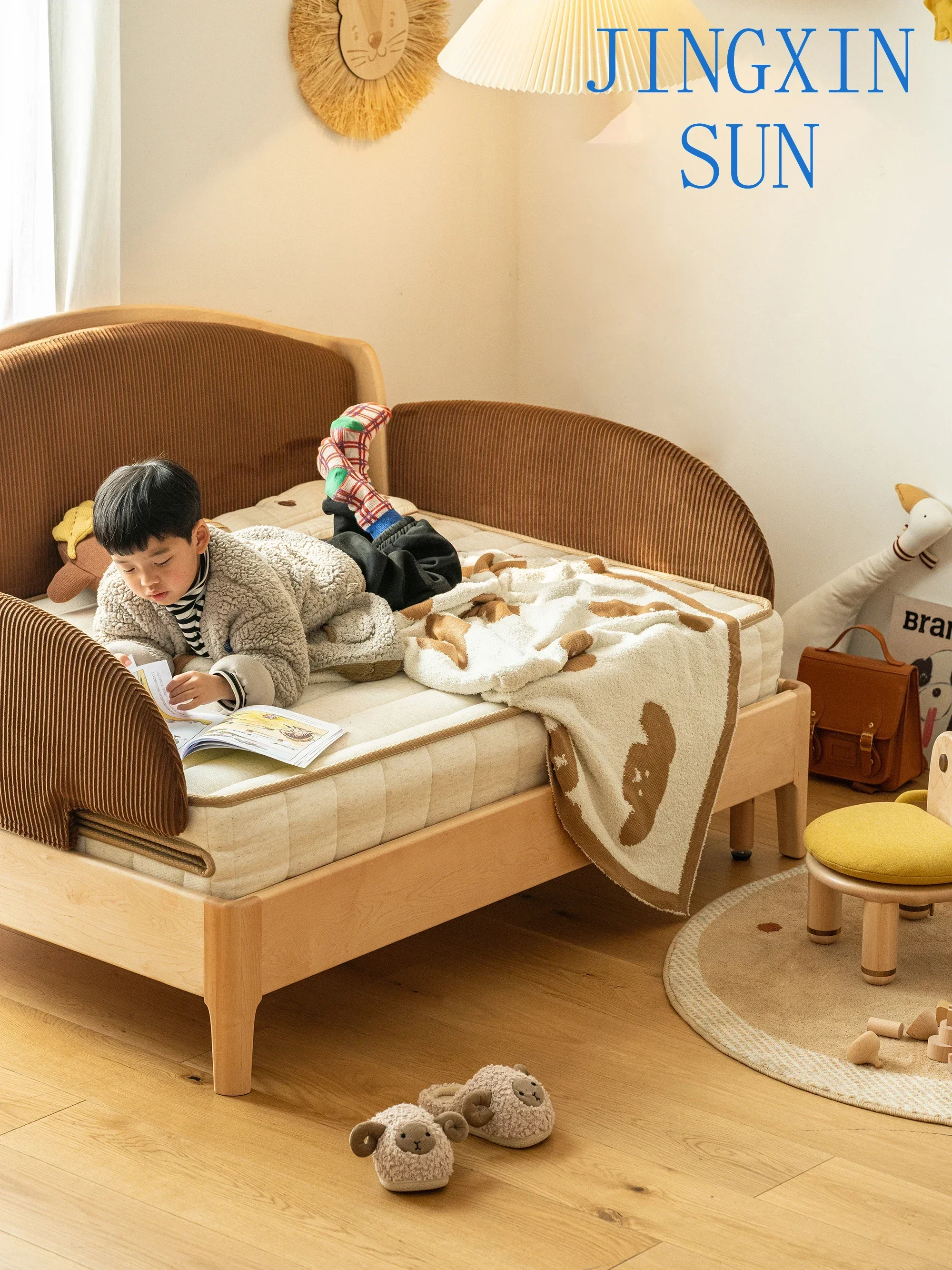 -Modern Nordic Style Kids Bed with Guardrail Solid Wood Folding Single Bed for Baby