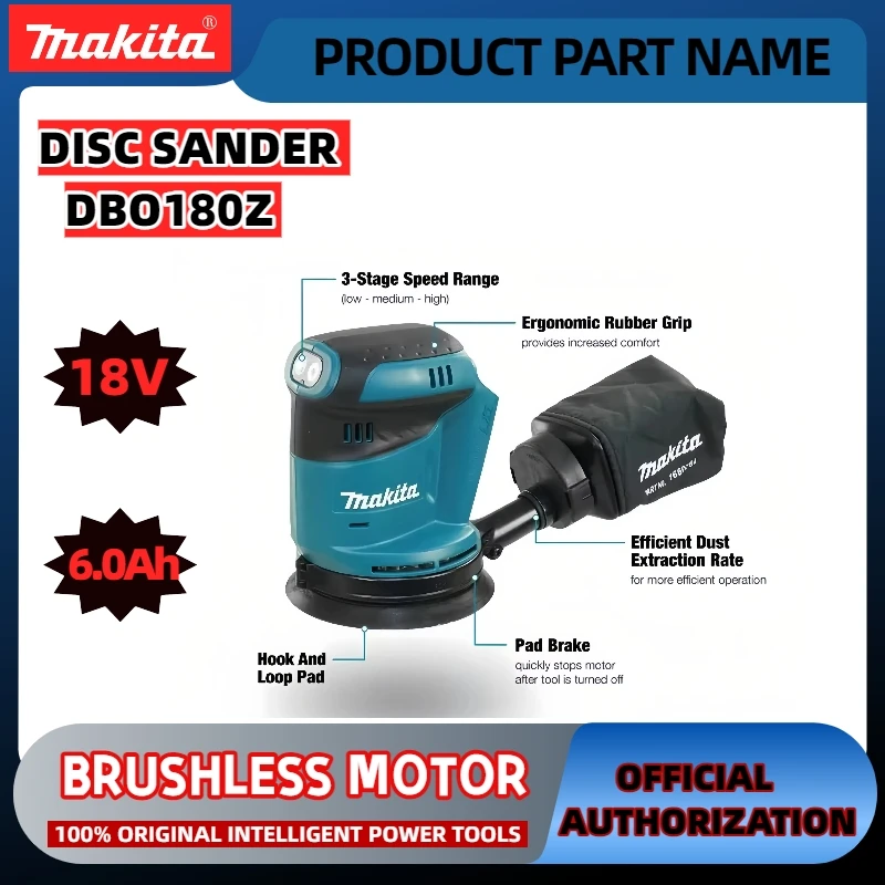 Szlifierka oscylacyjna akumulatorowa Makita DBO180Z 18V, litowo-jonowa, do szlifowania drewna, szpachli i polerowania.