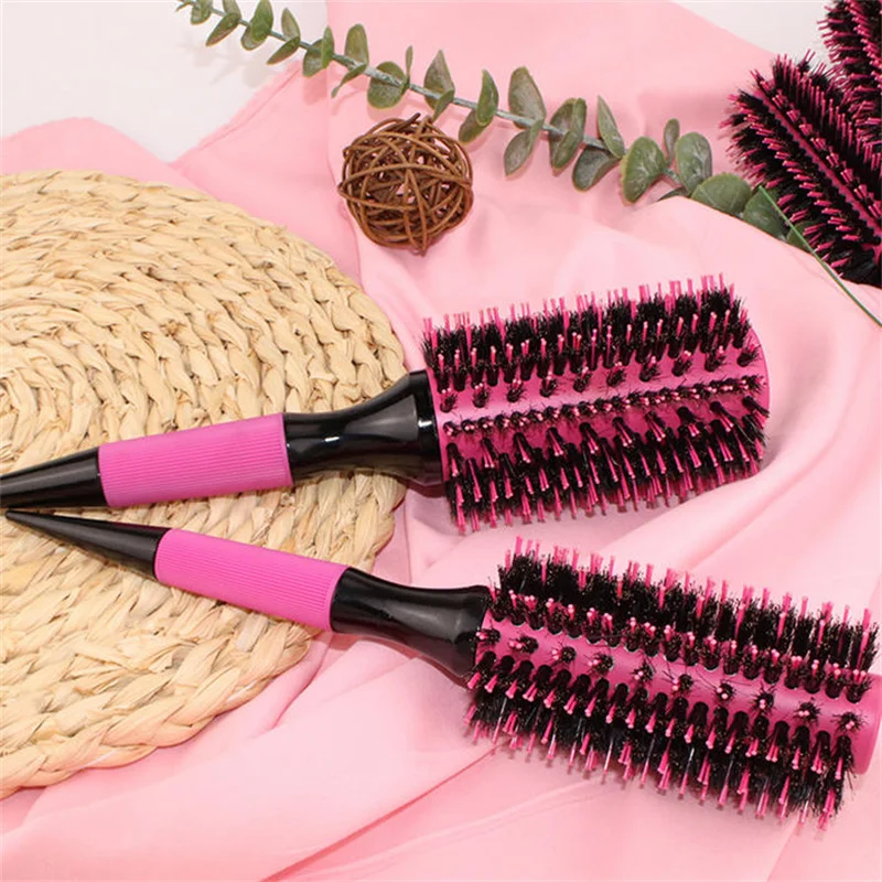 Professionelle 1/6-teilige Rosa Wildschweinborsten-Haarbürste Runde Holz-Haarbürste mit Nylon-Mischborsten Friseur-Styling-Werkzeug – Detail 3