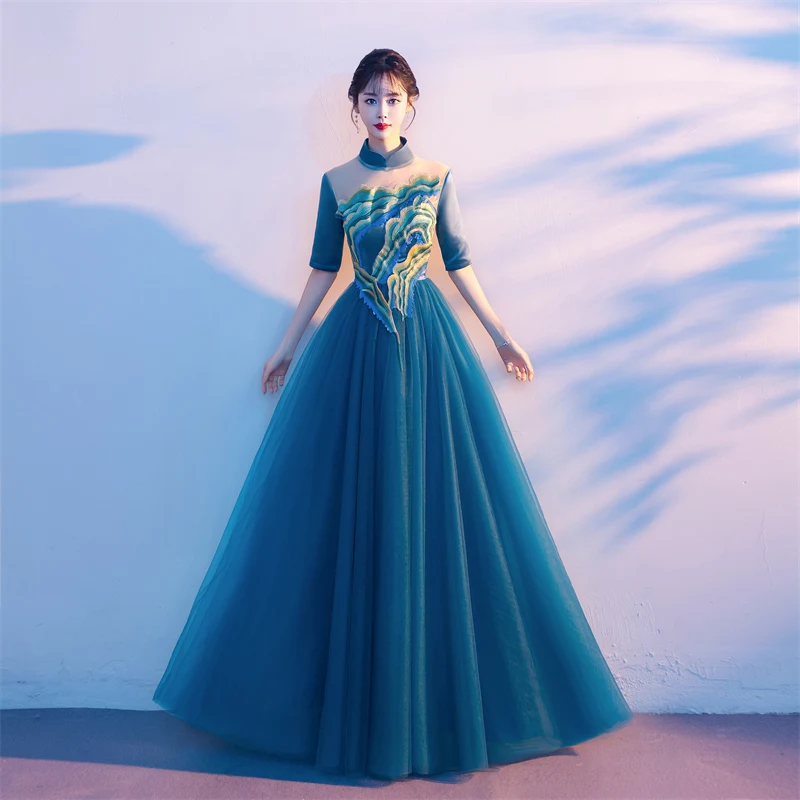 

Костюм для хора, элегантный и большой, в китайском стиле, этническая вокальная музыкальная певица, костюм для выступлений Guzheng