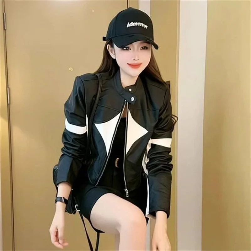 2025년 봄 가을 신상 여성용 패션 숏 레더 오토바이 재킷, 배색 PU 레더 코트 여성 아우터