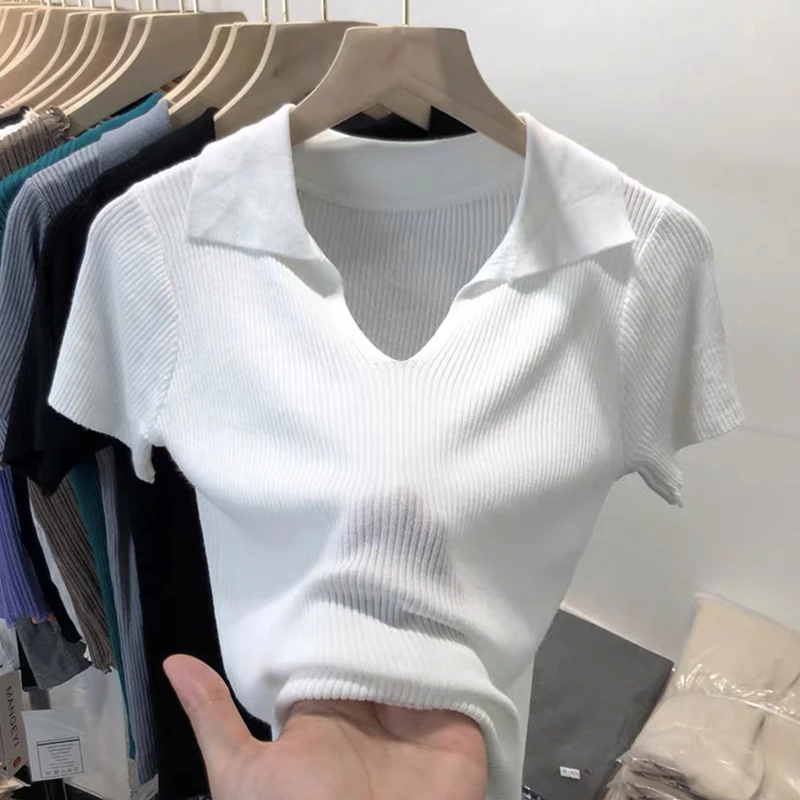 Knitting T Shirts Women Turn-down Neck Short Sleeve Slim Tops Female Solid Basic Ribbed Casual Summer Fashion Tee Shirt Femme