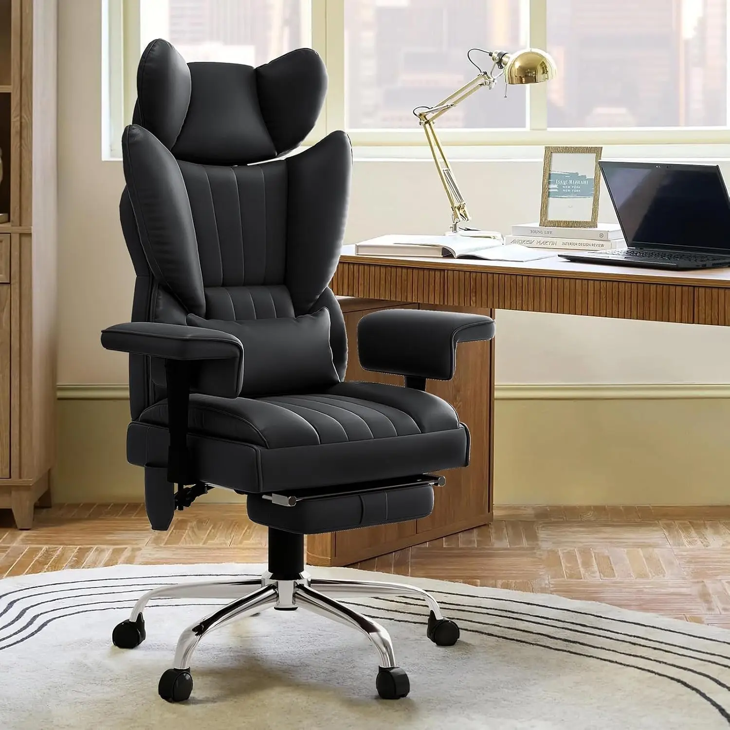 6 Points Massage Office Chair with Foot Rest - 400LBS Executive Office Chair with Adjustable Headrest, Armrest and Lumbar Pillow