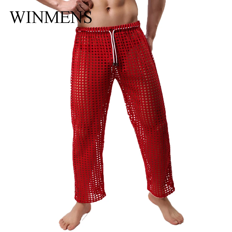 Men\'s Sleep Bottoms Cut-outs Fishnet Pajama Pants For Adult Gay Sissy Erotic See Through Bedtime Trousers Sheer Nightwear