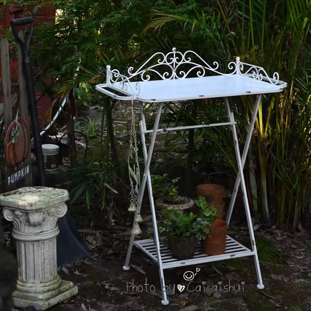 &French Style Wrought Iron Outdoor Furniture Foldable Gardening Table Storage Console Flower Rack for Courtyard Villa Park