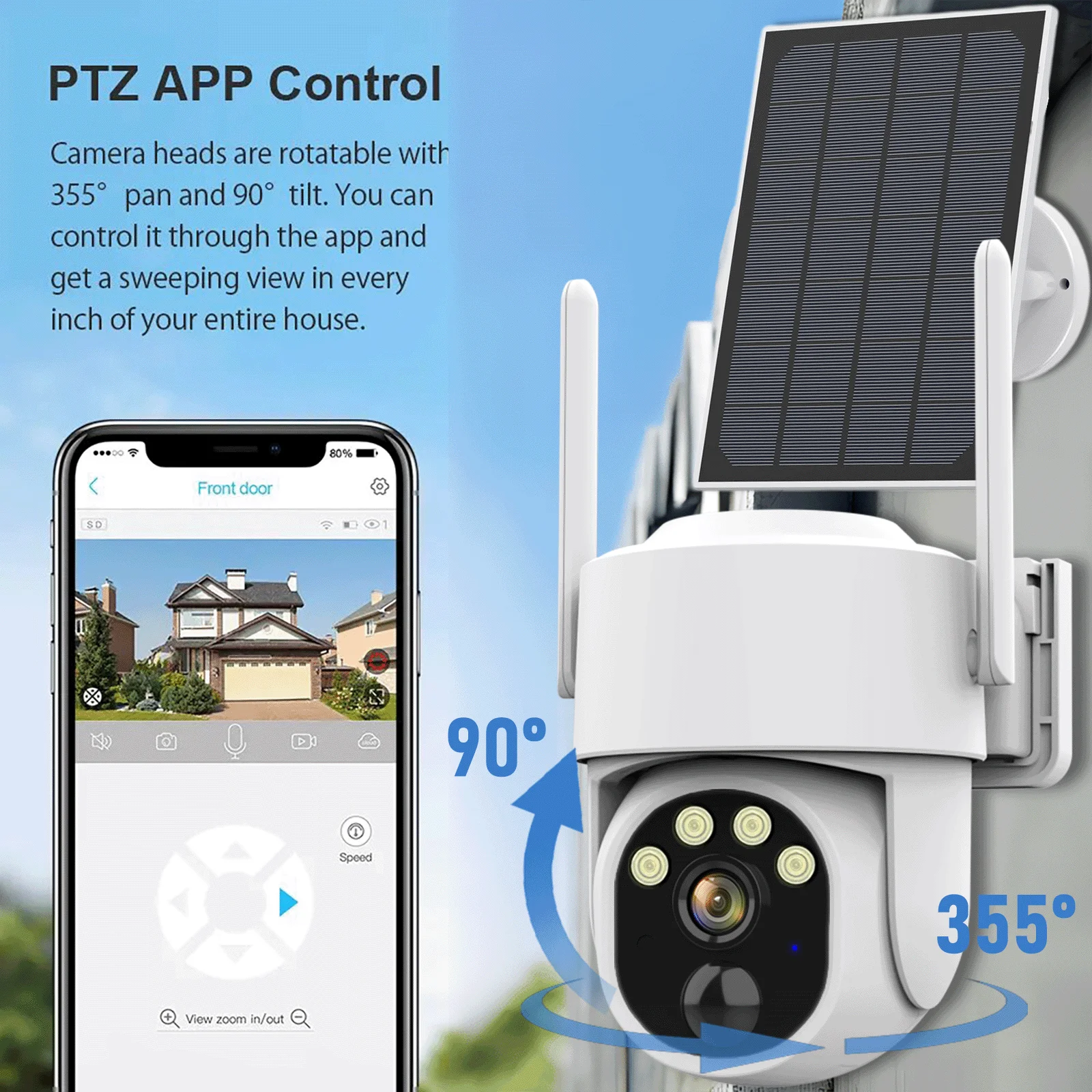 5MP PTZ Solar Power IP WiFi Camera Zoom 8000mAh Builtin Battery Outdoor IP66 Waterproof 5X Surveillance Cam PIR Human Detection