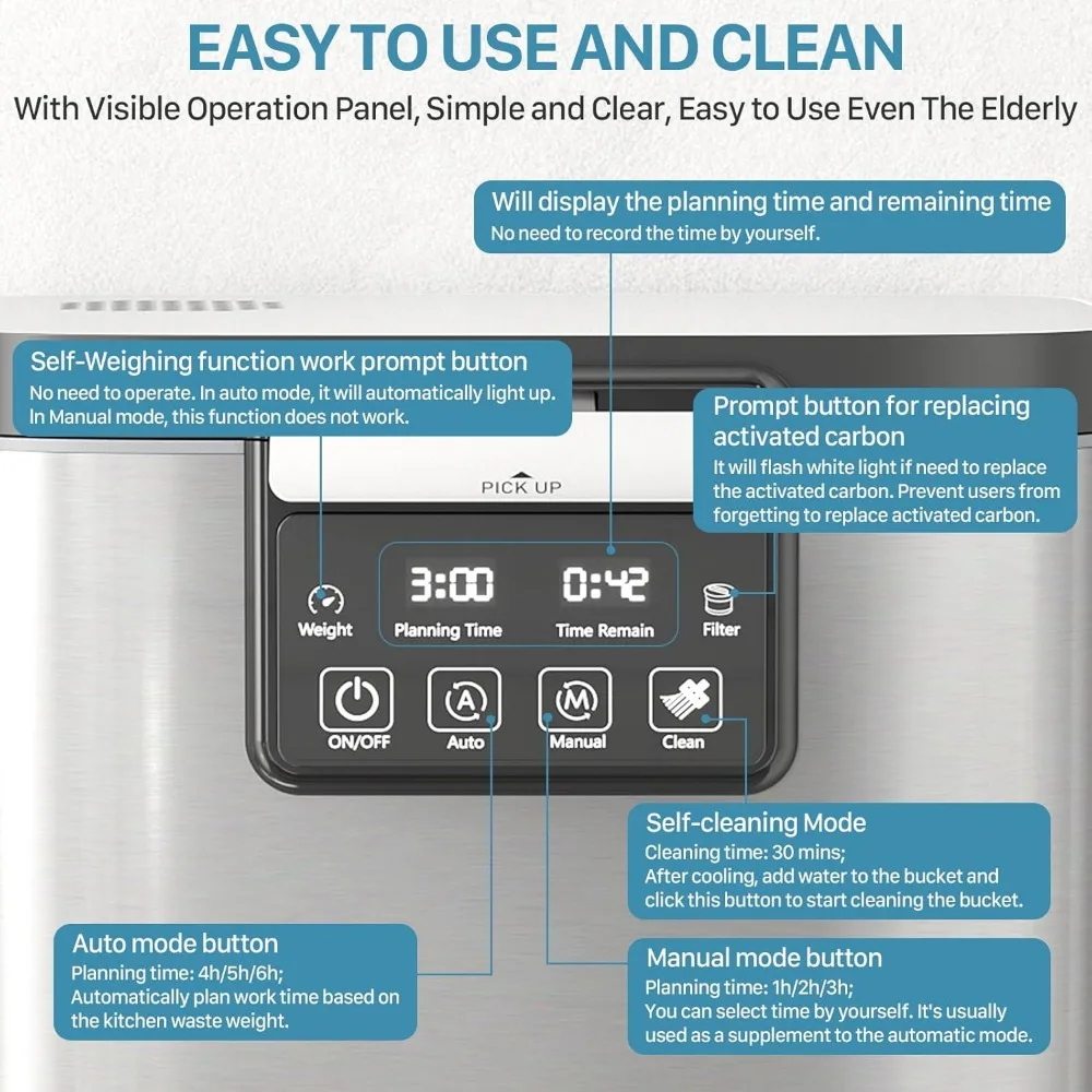 Licznik kuchenny o dużej pojemności 3,8 l bezzapachowy, inteligentna automatyczna maszyna do usuwania śmieci z kompostem w domu z wyświetlaczem czasowym