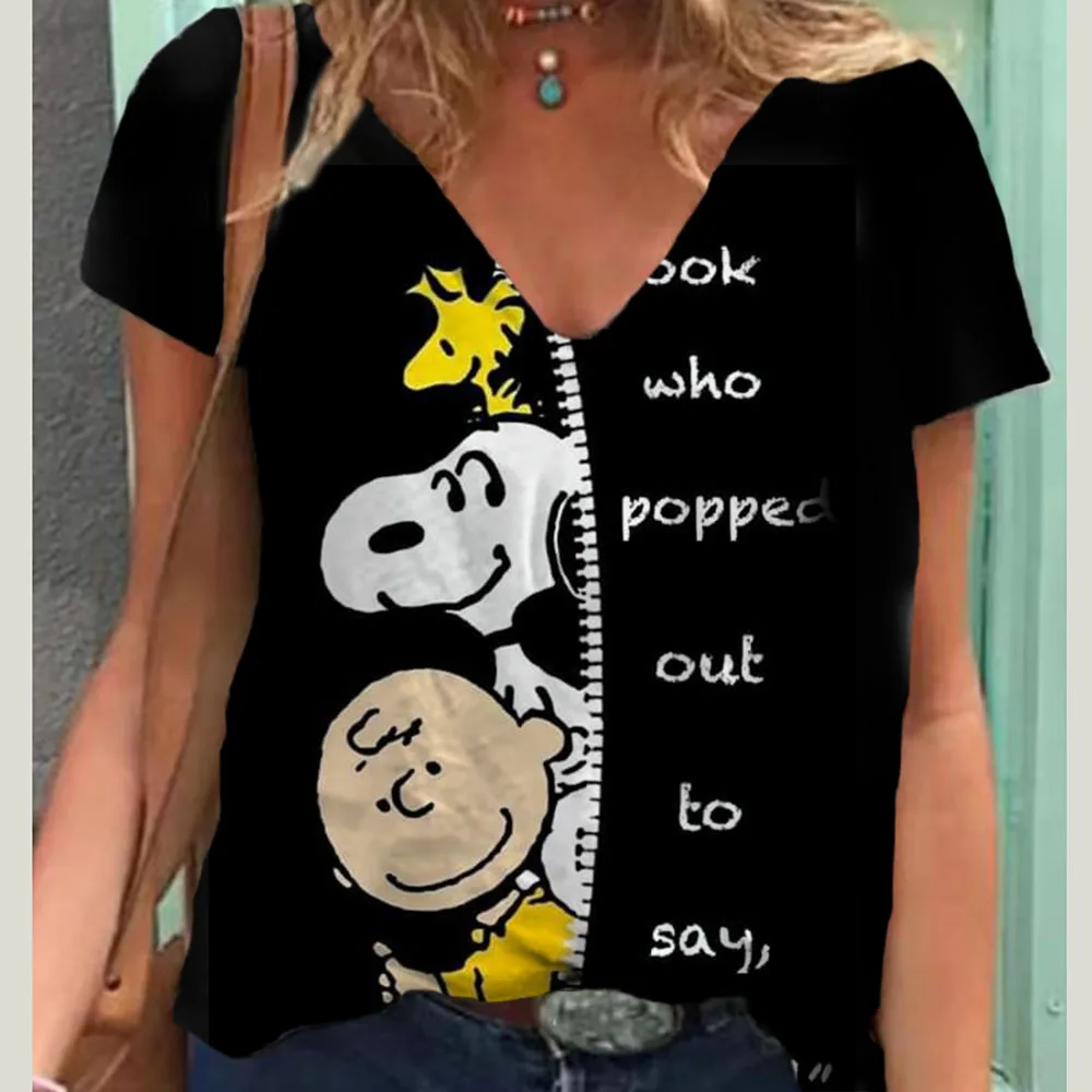 Cute Snoopy print Women\'s T-shirt V-neck top Summer Vintage Harajuku Women\'s T-shirt Fashion Loose Women\'s Clothing