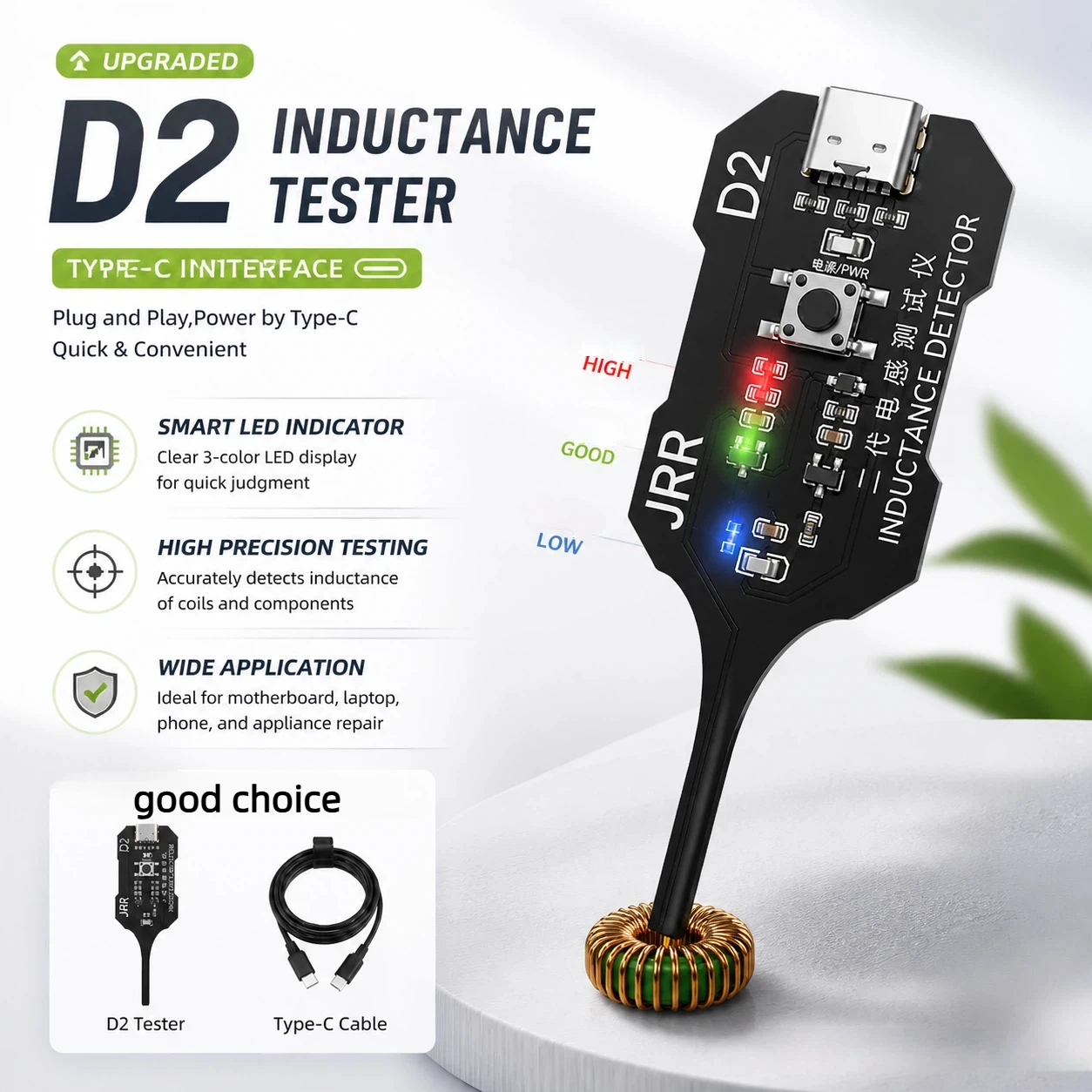 Testador de Indutância D2 Atualizado com Indicador LED Tipo-C para Reparo e Diagnóstico de Bobinas de Placas-Mãe Eletrônicas