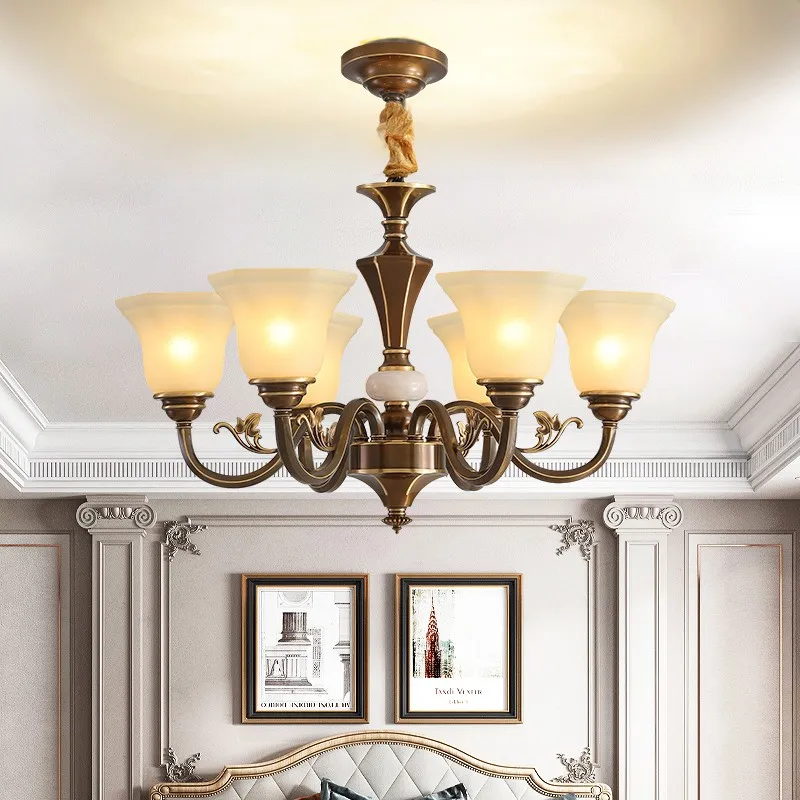 Lustre americano, luz da sala de estar, todas as lâmpadas de cobre, sala de jantar europeia atmosférica, luz do quarto, clássico retrô simples