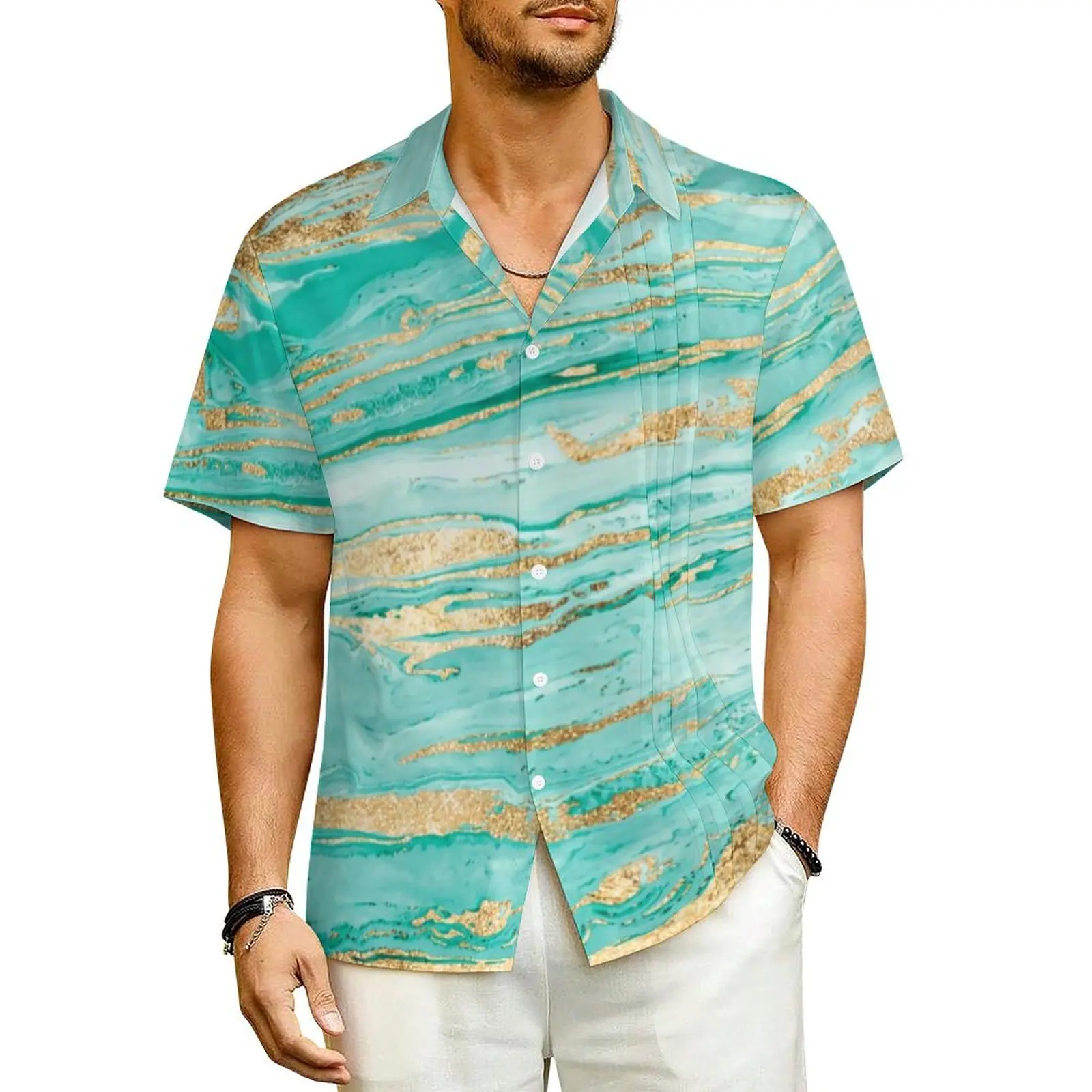 

Gold Abstract Print Beach Shirt Male Marbleized Paint Elegant Casual Shirts Hawaiian Short Sleeve Harajuku Plus Size 4XL Blouses