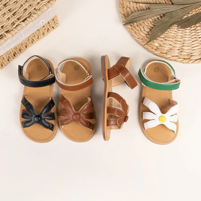 Girls Flower Sandals Summer Hollow-out Children's Flat Shoes Non Slip Soft Beach Sandals for Kids Outdoor Daily Wear 21-30