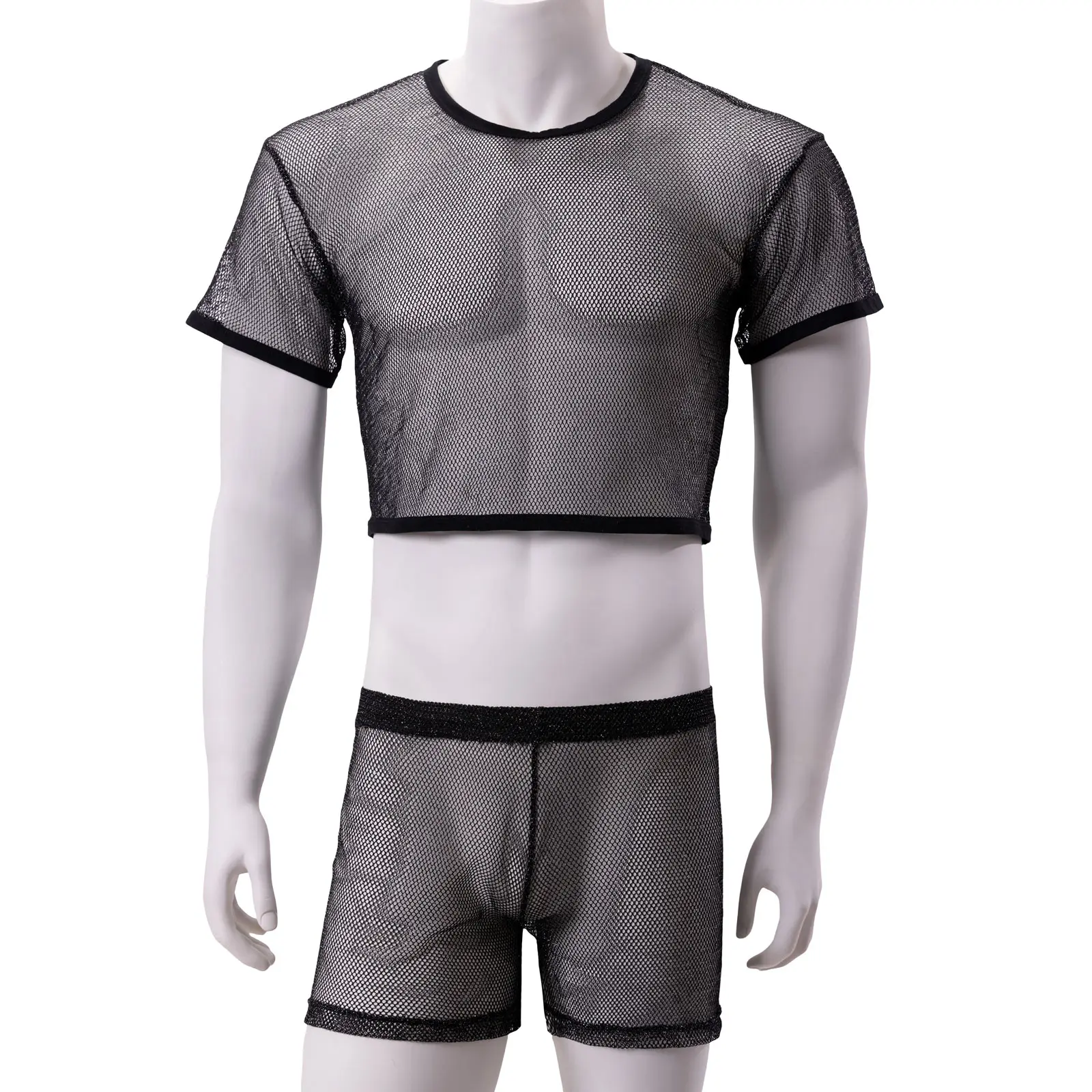 CLEVER-MENMODE Men Sexy Crop Tops Transparent Fishnet Boxers Set Mesh Lingerie T-Shirt Hollow Out Net Clubwear Silvery Shine