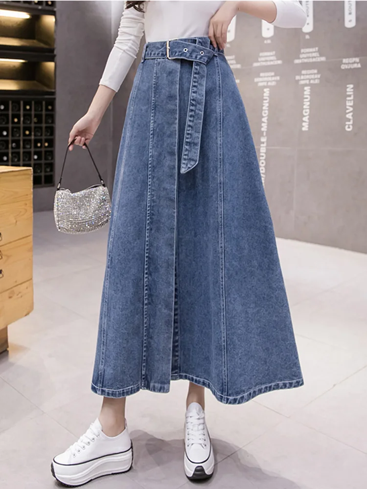 New Women Spring Summer Long Denim Skirt Fashion Patchwork Single Breasted High Waist Skirt Casual Loose Light Blue Jeans Skirt